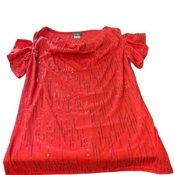 Dots Cold Shoulder Red Blouse Cowl Neck Sequined XL - Picture 3 of 4